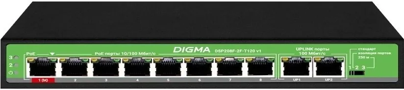 DSP208F-2F-T120 DSP208F-2F-T120 V1 (L2) 10х100Мбит/с 8PoE 8PoE+ 120W. Коммутатор с питанием по PoE