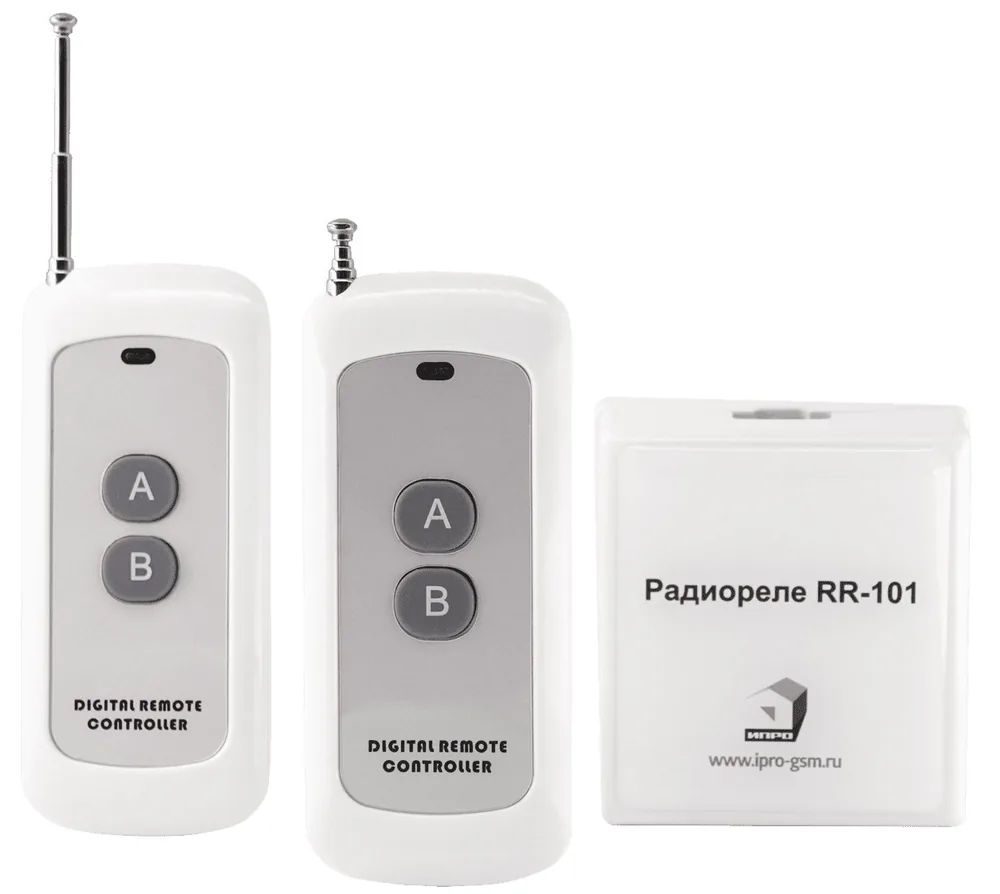 RR-101 + 2 пульта, 250-950 метров, двойное питание 12В и 220В. Комплект радиореле