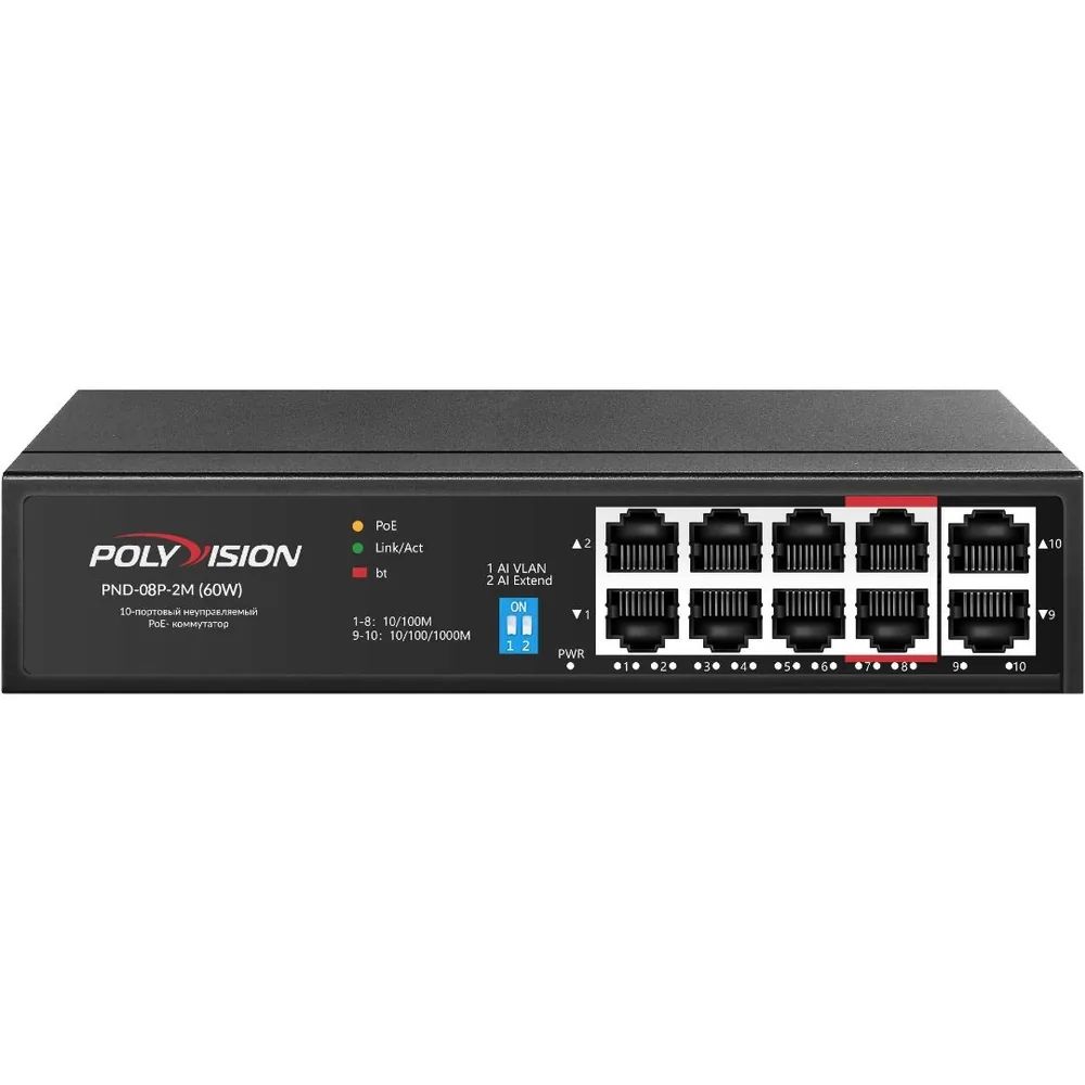 PND-08P-2G (60W). Коммутатор 10-портовый с функцией PoE